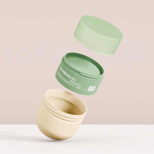 270ml 베이지색 PET 헤어 마스크 용기, 녹색 뚜껑, 내부 씰이 중립적인 배경에서 수직으로 떠 있습니다.