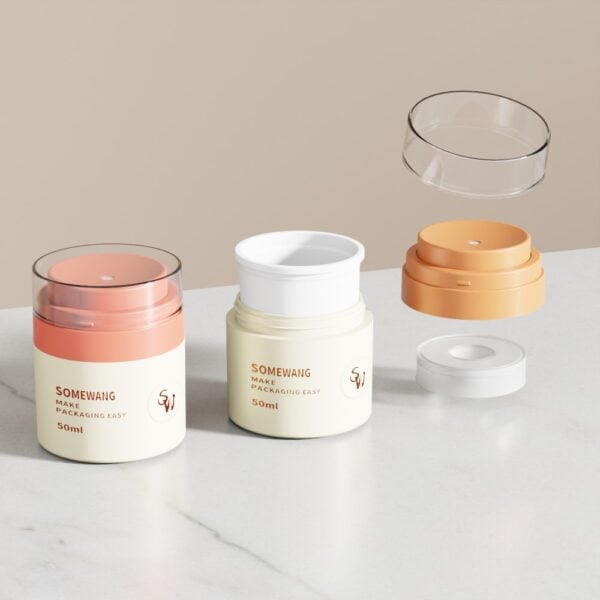 15ml, 30ml, and 50ml "SOMEWAIG" cream jars—one assembled, one disassembled—are shown on marble.