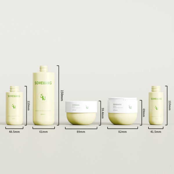 Five "SOMEWANG" skincare containers are lined up, including a 400ml custom clear PET bottle with size labels below.