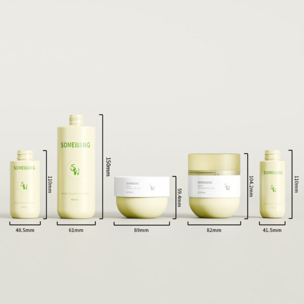 Five 400ml custom-color round PET cosmetic bottles, each unique in shape, display personalized container options.