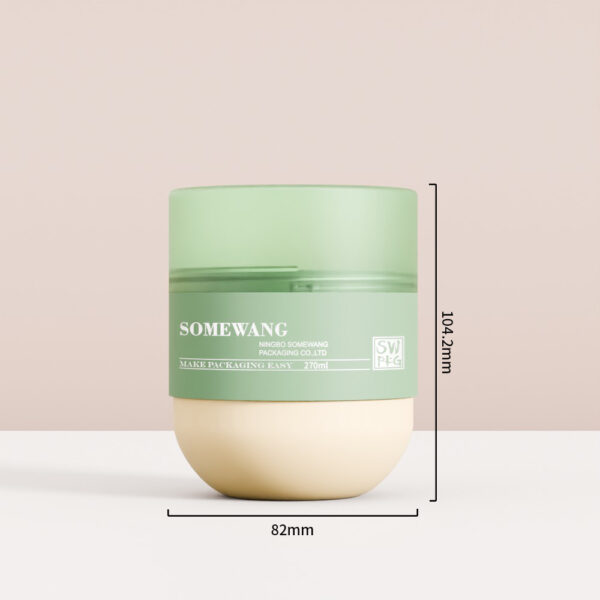 270ml PET 헤어 마스크 용기는 녹색 뚜껑, 베이지색 바닥, "소메왕" 라벨이 특징입니다. 세련되고 실용적인 화장품 보관 용기입니다.