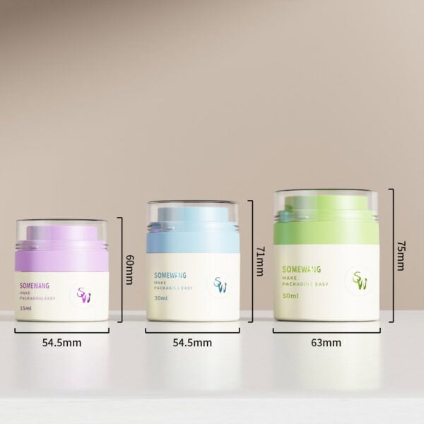 Three pastel acrylic airless pump jars (15ml, 30ml, 50ml) in purple, blue, and green—perfect for skincare creams.