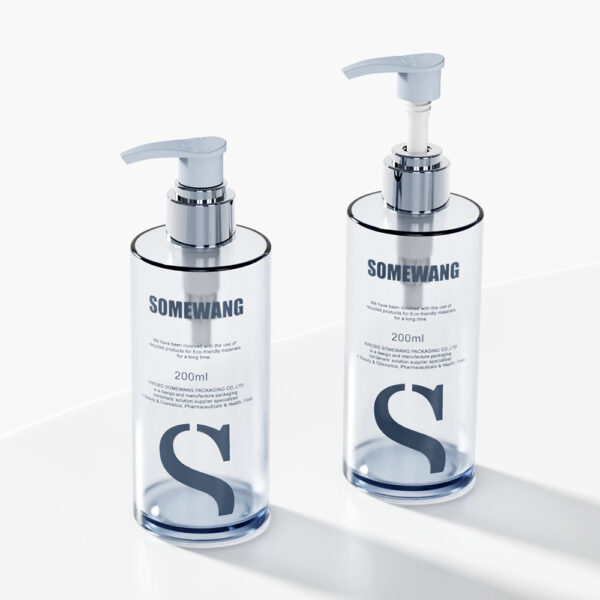 Two 200ml "SOMEWANG" transparent PETG bottles, with thick walls for skincare, elegantly displayed on a white surface.