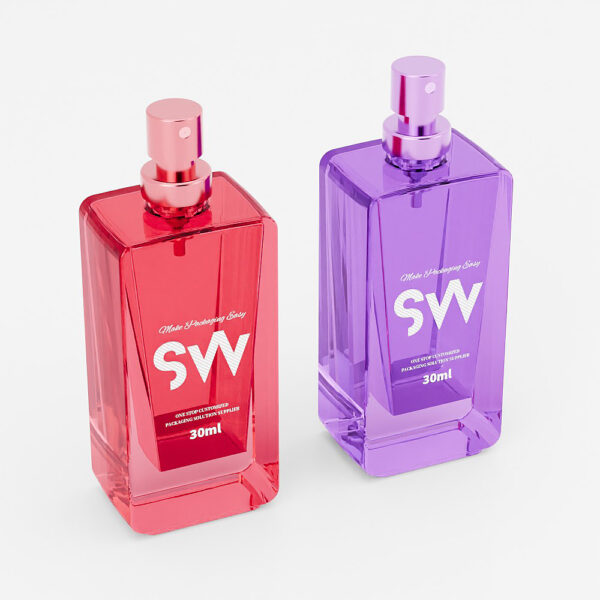 Two elegant, 30ml square spray bottles of fragrance with pink and purple packaging are displayed side by side, labeled "SW.