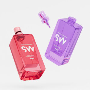 A pair of 30ml square spray glass bottles with thick bottoms adds sophistication.