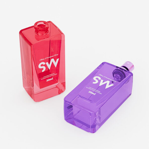 Pair of 30ml square glass perfume bottles in red and purple with "SW" labels. Elegant and sturdy, can stand or lie flat.