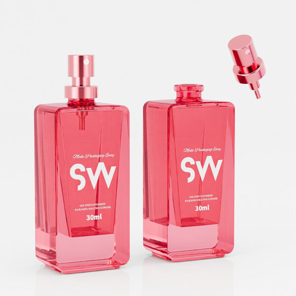 Two sleek pink 30ml glass perfume bottles with red nozzles marked "SW" are displayed on a pristine white background.