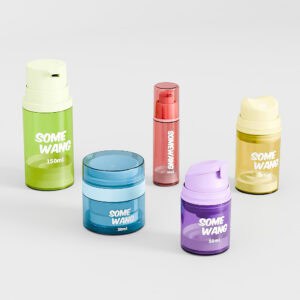 Five vibrant cosmetic containers on a light gray background include a sleek "Some Wang" 30ml Airless Bottle with varied volumes.