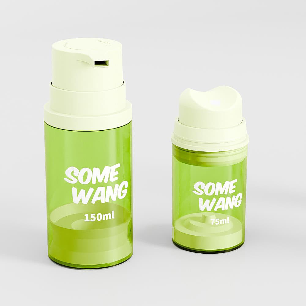 Twee groene flessen, met het label "SOME WANG 150ml" en "75ml", worden geleverd met een strakke 30ml Airless-fles. Alles is ontworpen voor gemak en stijl.