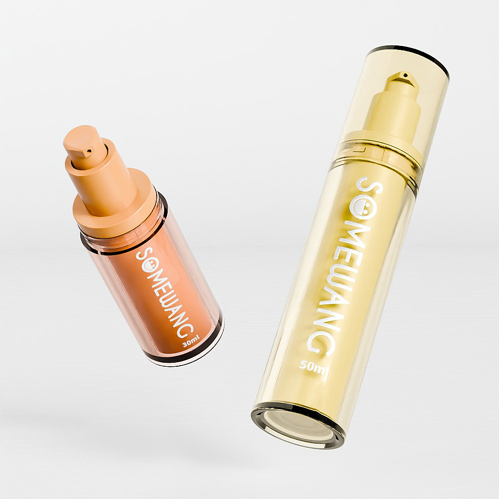 Two "SOMEWANG" refillable airless bottles, 30ml peach & 50ml gold, with pumps. Stylish, functional for impeccable product preservation.