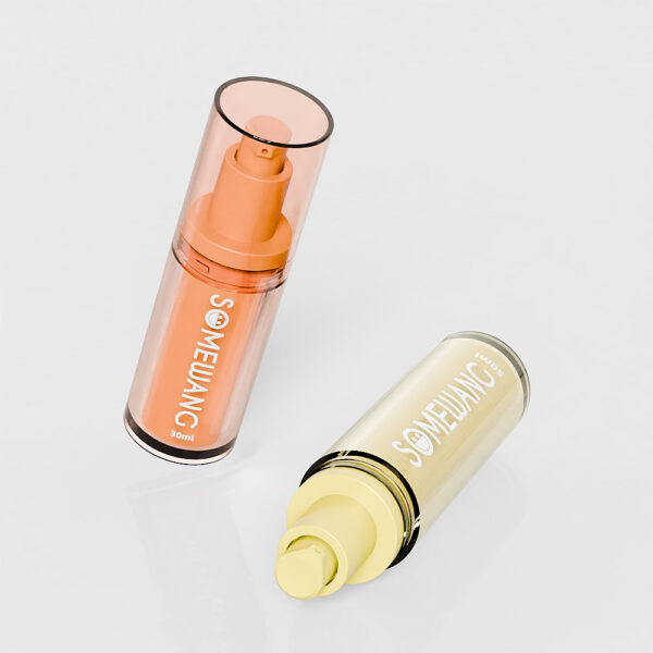 Two 30ml refillable "SOMEJUNG" airless bottles, one orange upright and one yellow horizontal, with clear caps on a light background.