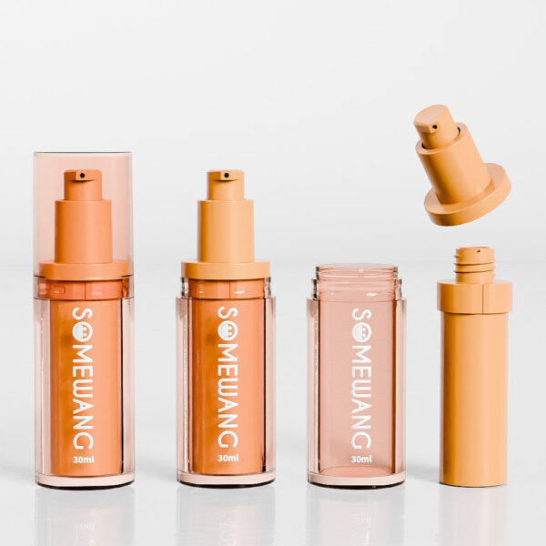 Four 30ml refillable airless bottles from Somewang are styled elegantly: two open, one closed, and one with its lid in the air.