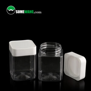 clear plastic jars with white lids