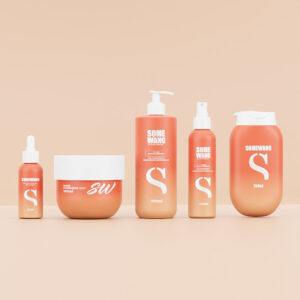 Five orange skincare bottles labeled "SOMEWANG" stand on a plain background, featuring PP Airless Bottles from 60ml to 250ml.