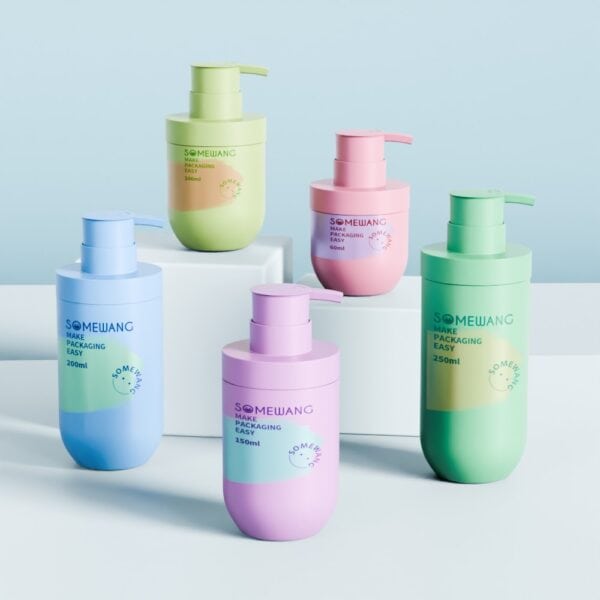 Five "SOMEWUANG" PP Airless Bottles (60–250ml) in pastel blue, green, pink & purple on white blocks with blue background.