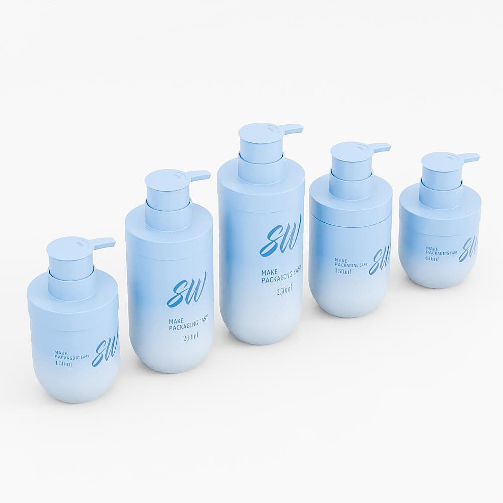 ขวดปั๊มสุญญากาศ PP สีน้ำเงิน 5 ขวด มีฉลาก "SW" วางเรียงกัน โดยมีปริมาตรคือ 350 มล., 300 มล., 250 มล., 120 มล. และ 100 มล.