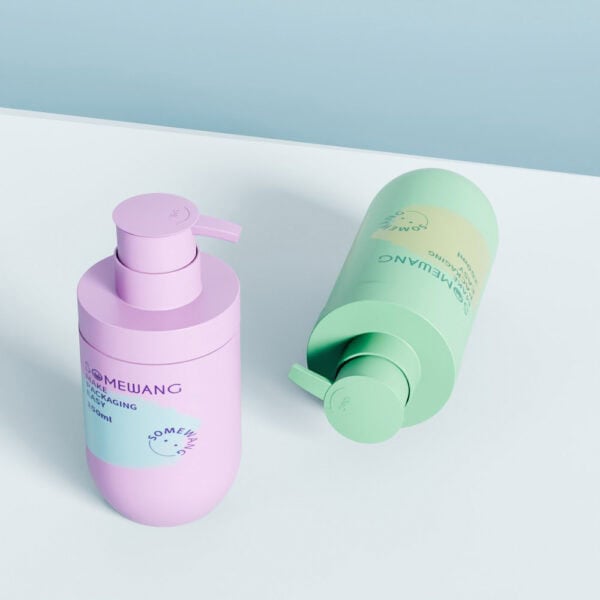 Two pastel "SOMEWANG" PP Airless Bottles—pink and green—are shown on white with a blue background.