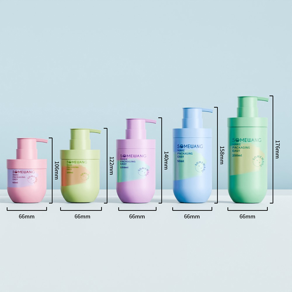 Five color-coded PP Airless Bottles (60ml–250ml) in varying heights are displayed with measurement labels.