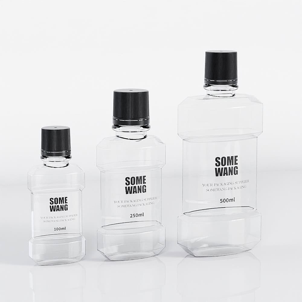 Three transparent 100ml, 250ml, and 500ml PET mouthwash bottles with screw tops sit elegantly on a reflective surface.