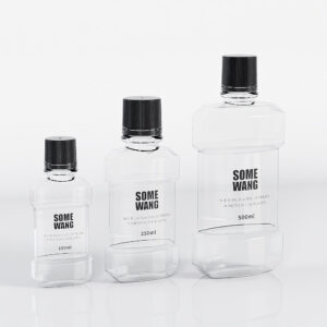 Three PET "High Quality Mouthwash Bottle" sizes (100ML, 250ML, 500ML) with black caps on a white reflective surface.