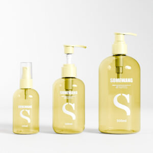 Three "SOMEWANG" PET plastic lotion bottles in transparent yellow, sizes 100ml, 200ml, and 500ml.