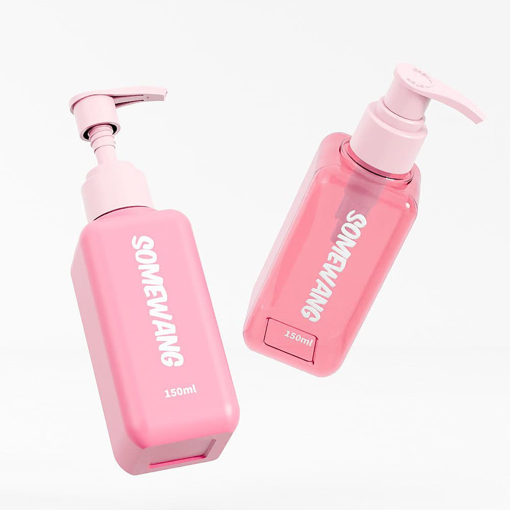 Two 150ml pink PET plastic pump bottles for skincare, labeled "High Quality PET Plastic Bottles," on a white background.