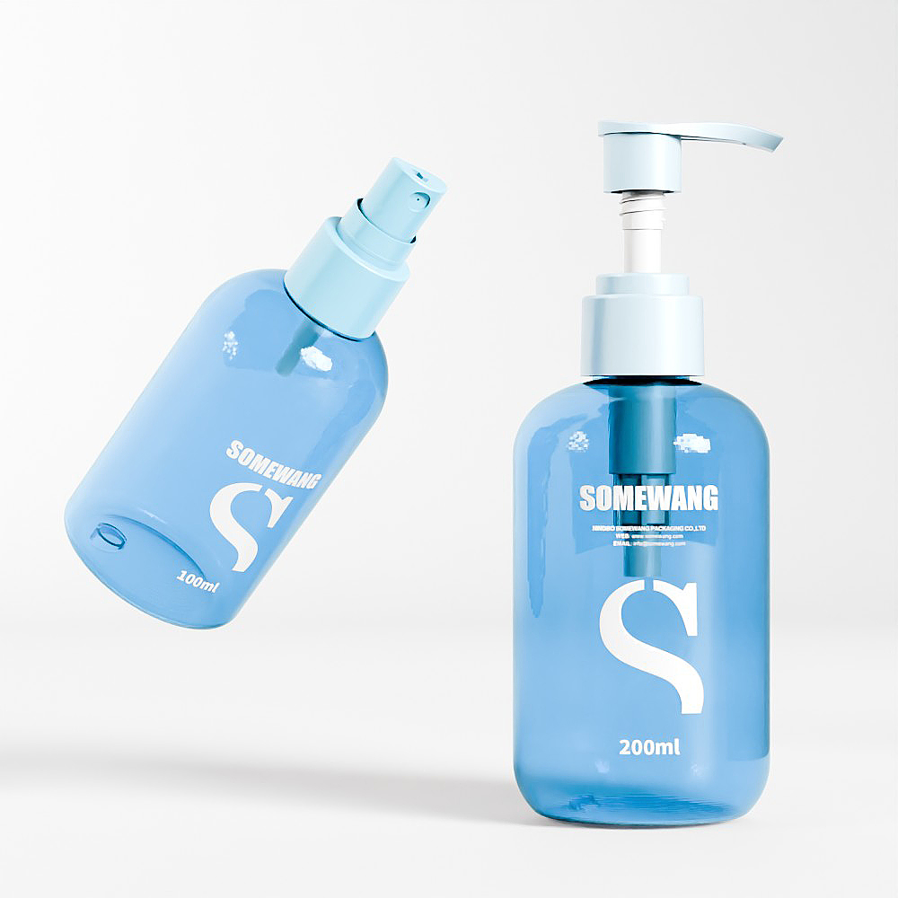 Two blue SOMEWANG PET bottles: 100ml spray and 200ml pump. Perfect for lotions.