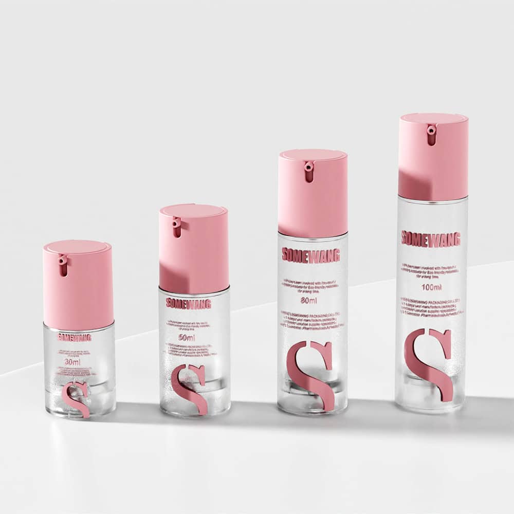 Four transparent "SOMEWANG" bottles with pink caps, 30-100ml sizes, expertly fulfill bulk cosmetic packaging needs.