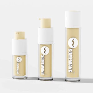 Elegant "Somewang" airless pump bottles (15ml, 30ml, 50ml) with white caps and beige contents on a pristine white backdrop.