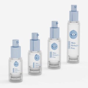 Four clear airless skincare bottles (10ml–30ml) with light blue nozzles are lined up on a white background.