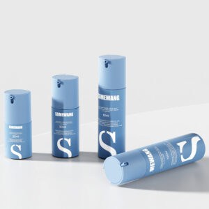 Four blue 30ml to 100ml "Somewang" airless cosmetic bottles with sleek designs are displayed, perfect for bulk packaging.