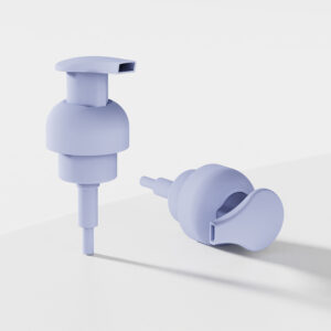 Two lavender soap dispensers with 40/410 Plastic PP Foam Pump, one upright and one on its side, against a white background.