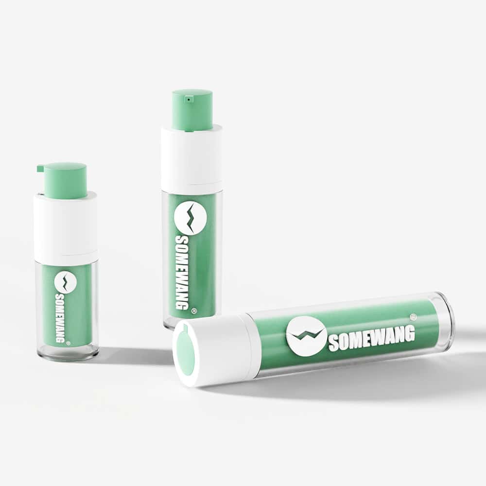 Three "Somewang" airless pump bottles with green caps, offered in 15ml, 30ml, and 50ml sizes, are displayed on a light surface.