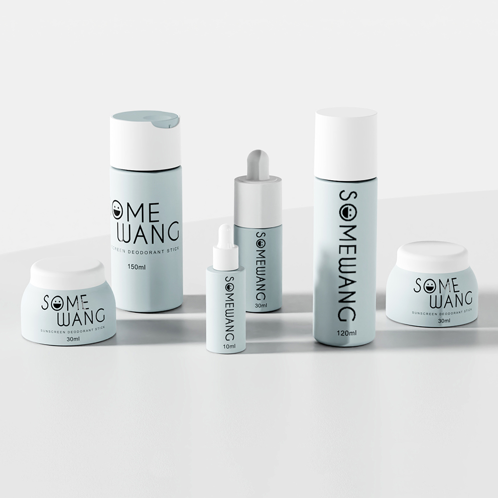 Somewang's skincare collection, displayed on gray, features deodorant sticks, cream jars, and PETG dropper bottle sets for oils.