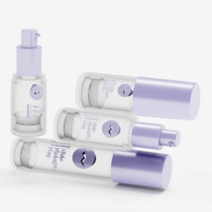 Four As airless skincare bottles (10/15/20/30ml, silver-purple caps), three lying, one upright on white background.