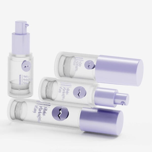 Four As airless skincare bottles (10/15/20/30ml, silver-purple caps), three lying, one upright on white background.