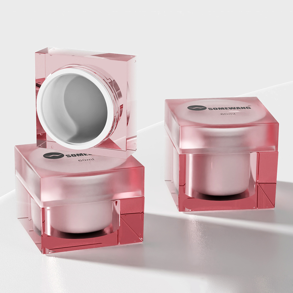 Three pink, square acrylic cream jars with clear lids are on a white surface: two stacked, one upright. Perfect for 20g to 80g creams.