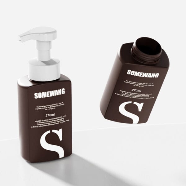 Two 270ml dark brown "SOMEWANG" bottles, with pump and screw cap, are ideal for lotion and beauty products.