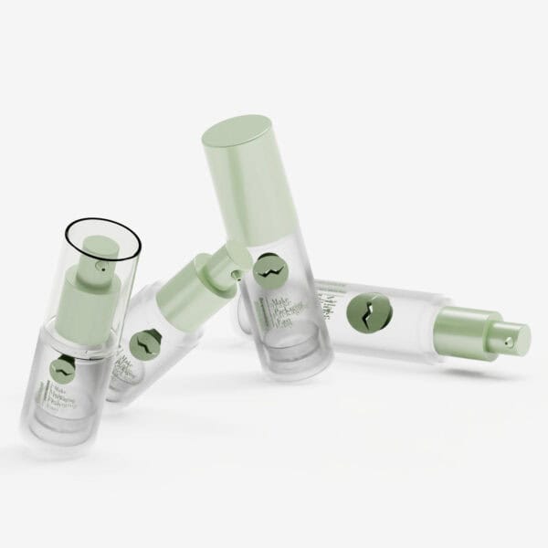 Four Airless Bottles (10/15/20/30ml) with leaf logos are displayed on white—one upright, others tilted or lying down.