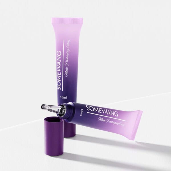 SOMEWANG" purple tubes showcase chic cosmetic design: one upright, capped; the other tilted with a dropper tip on a light surface.