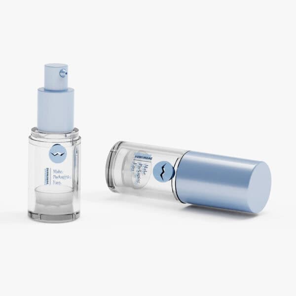 Two clear airless skincare bottles (10/15/20/30ml) with blue tops, one upright, one sideways, on a white background.
