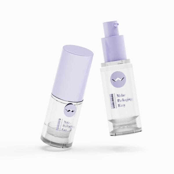 Two clear airless bottles (10/15/20/30ml) with purple caps, bird logo, and "Make Packaging Easy" text on white.