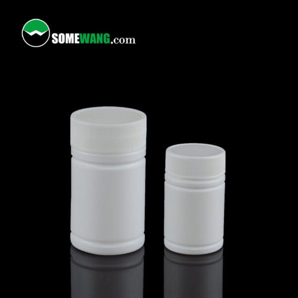 Two white cylindrical PE bottles with screw-top lids, 30ml and smaller, are displayed on a black background. Logo: "SOMEWANG.com".