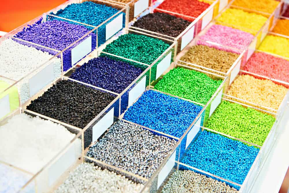 Colorful plastic granular polymer on exhibition