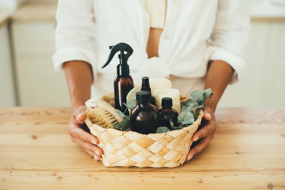 brushes, rugs, soap, essential oils, spray and sponges at the kitchen