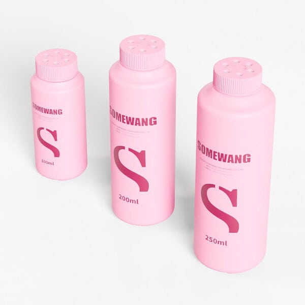 Drei rosa „Hochwertige, maßgeschneiderte PE-Pulverflaschen“ (100 ml, 200 ml, 250 ml) mit „Somewang“-Etiketten auf weißem Hintergrund.