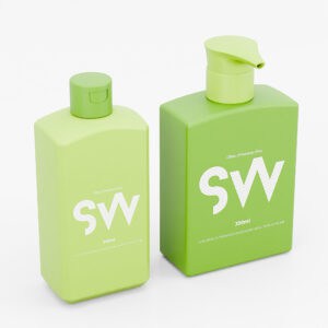 ขวด "SW" สีเขียวขนาด 240 มล. และ 300 มล. สองขวดจากไลน์ขวดทรงสี่เหลี่ยมแบน HDPE คุณภาพสูง: ฝาพับและหัวจ่ายปั๊ม