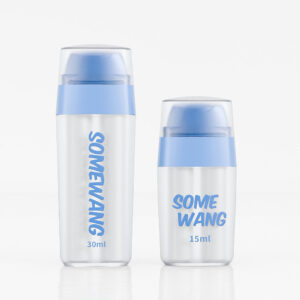 A pair of transparent airless SOMEWANG pump bottles with blue caps, in 30ml and 15ml sizes, are perfect for eye cream and skincare.