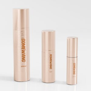 The "Luxury Cosmetic Airless Pump Bottle" set includes three gold bottles (15ml, 30ml, 100ml) labeled "SOMEWANG" for an elegant skincare experience.