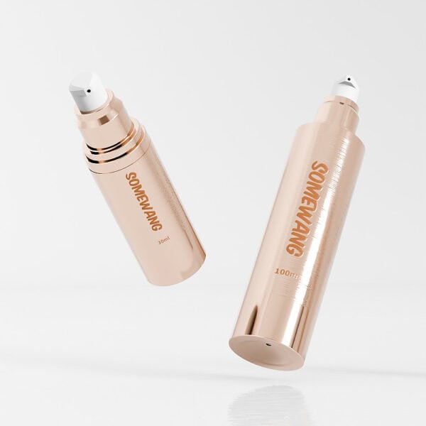 Two gold SOMEMANG cosmetic bottles with airless pumps float against a plain background. Sizes: 50ml & 100ml.